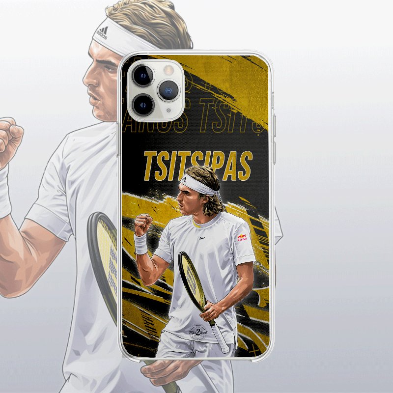 Coque Stefanos Tsitsipas Gold Edition avec fond légendaire, inspirée des cartes icônes, design élégant et puissant.