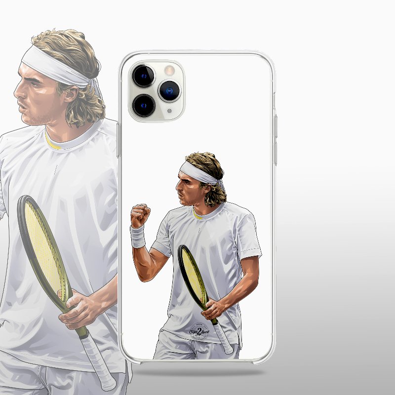 Coque transparente Stefanos Tsitsipas avec silhouette épurée du joueur, look minimaliste et sportif.